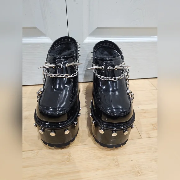 Dolls Kill Widow Black Silver Spiked Righteous Rebel Platform Mules Heels 8 9 - Picture 2 of 11